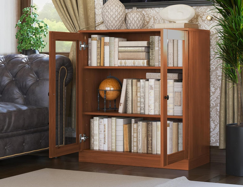 Solid Wood Bookcase - 32" Wide x 36" Short - Mocha, Wooden Bookshelf - Small Display Cabinet, Bookcase with Glass
