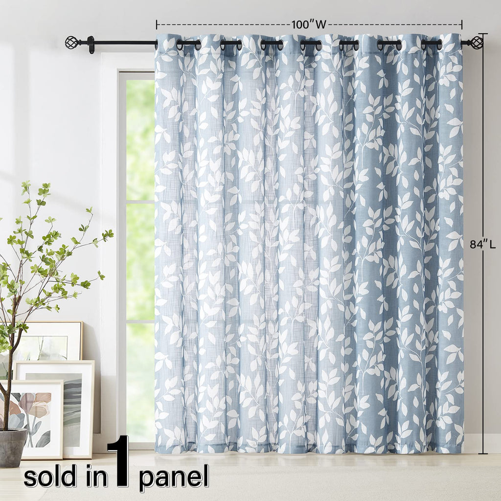Blue White Sliding Door Curtains 100x84" Linen Leaf Drapes Living Room 1pc