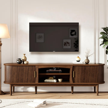 Mid Century TV Stand for TVs up to 90 Inches, Entertainment Center with Storage, Power Outlet, Fluted Sliding Doors &