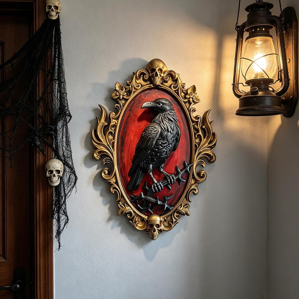 Gothic Raven Resin Wall Sculpture, 3D Crow Wall Decor with Gold Skull Frame