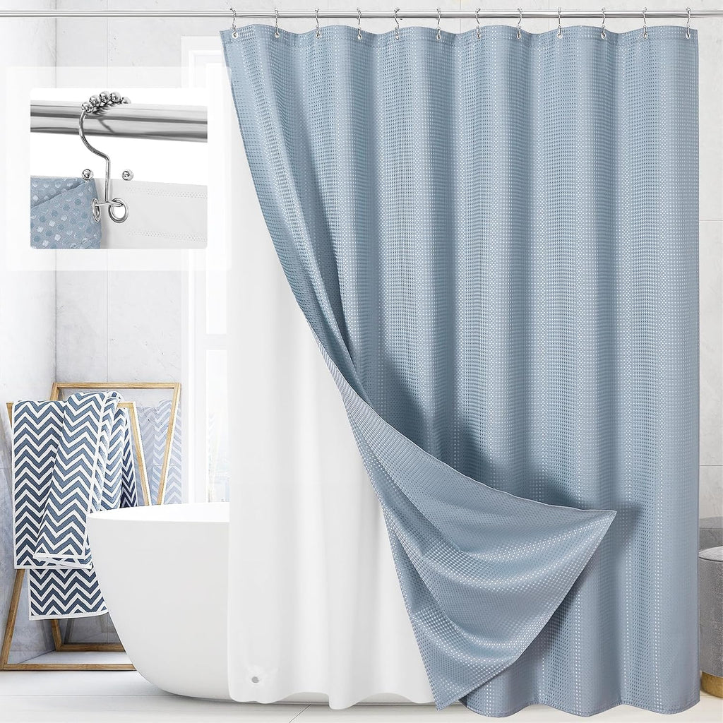 3 in 1 Fog Blue Shower Curtain Set with PEVA Liner & 12 Hooks, 72 x 72 | Fabric shower curtain, modern hotel style