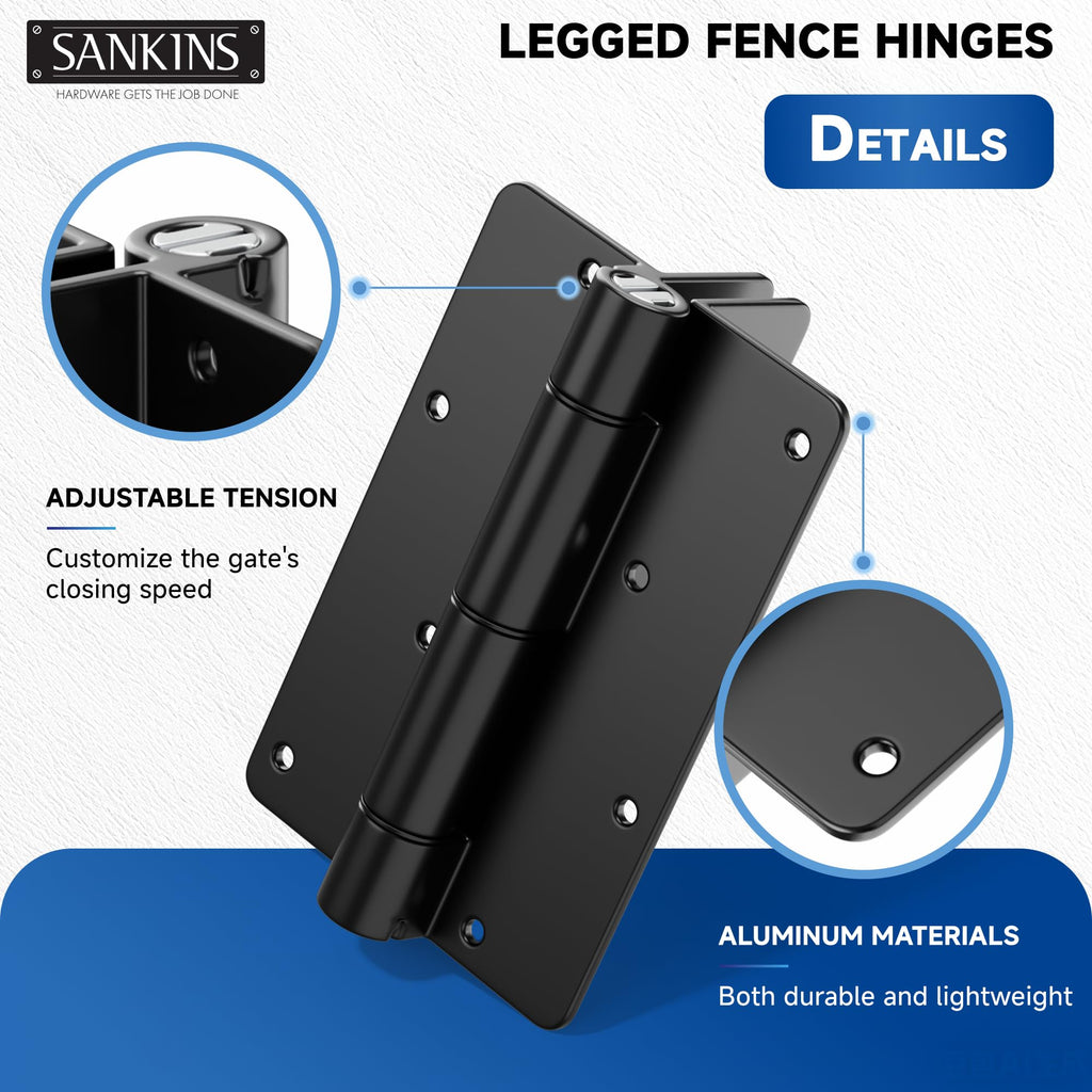 5-3/4" Adjustable Self Closing Aluminum Gate Hinges, Heavy Duty Gate Hinges for Metal Gates, Legged Door Hinges Fence