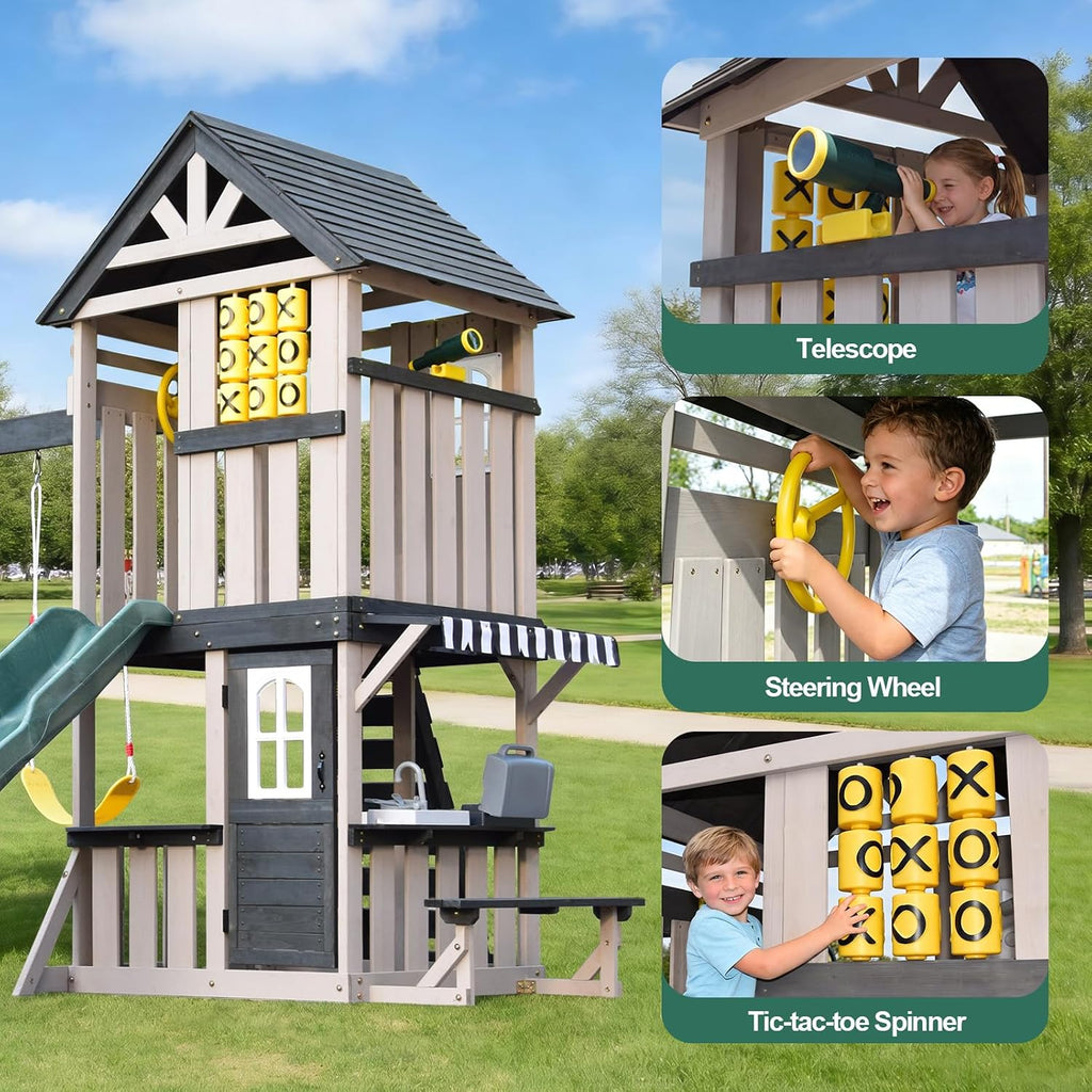 Cedar Wood Swing Set with Slide,Rock Wall,Belt Swings,Tic-Tac-Toe, Play Kitchen for Kids Backyard Outdoor