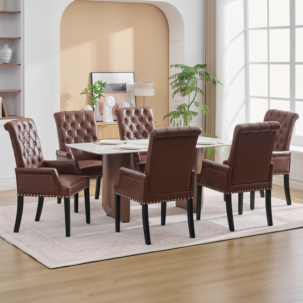 PU with Arms, High Back Dining Room Chairs, Brown