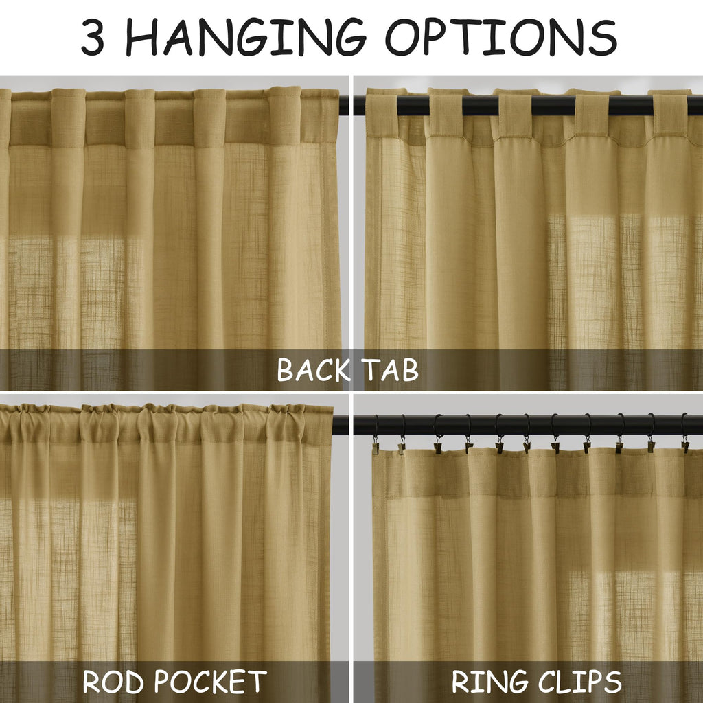 Gold Linen Curtains Semi Sheer Gold 96 Inches Long 2 Panels Set Back Tab Rod Pocket Light Filtering Drape Modern