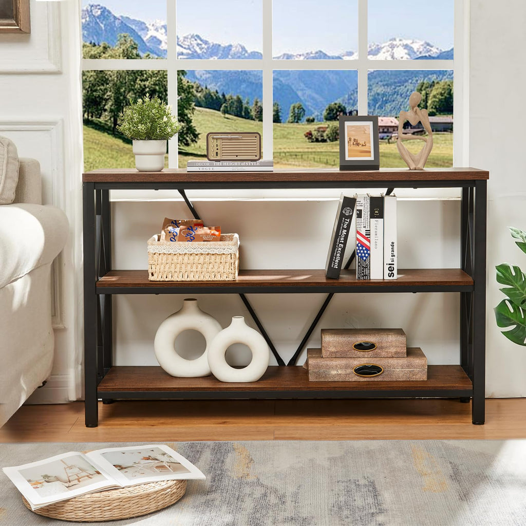 Sofa Console Table, Rustic Entry Table with 3 Tier Bookshelf, Brown 47 Inch