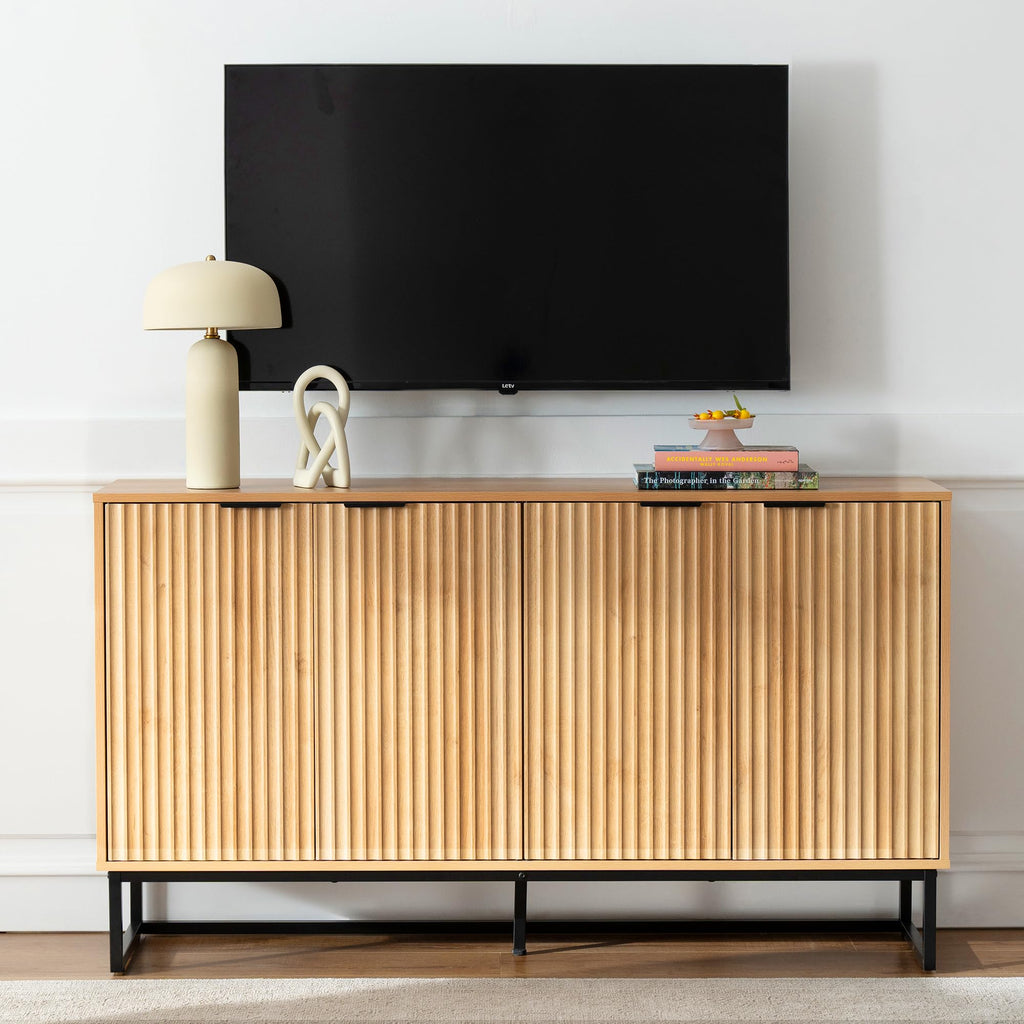 Fluted Sideboard Buffet Cabinet with 4 Doors, Modern Accent Storage Cabinet with Adjustable Shelves, Boho Console
