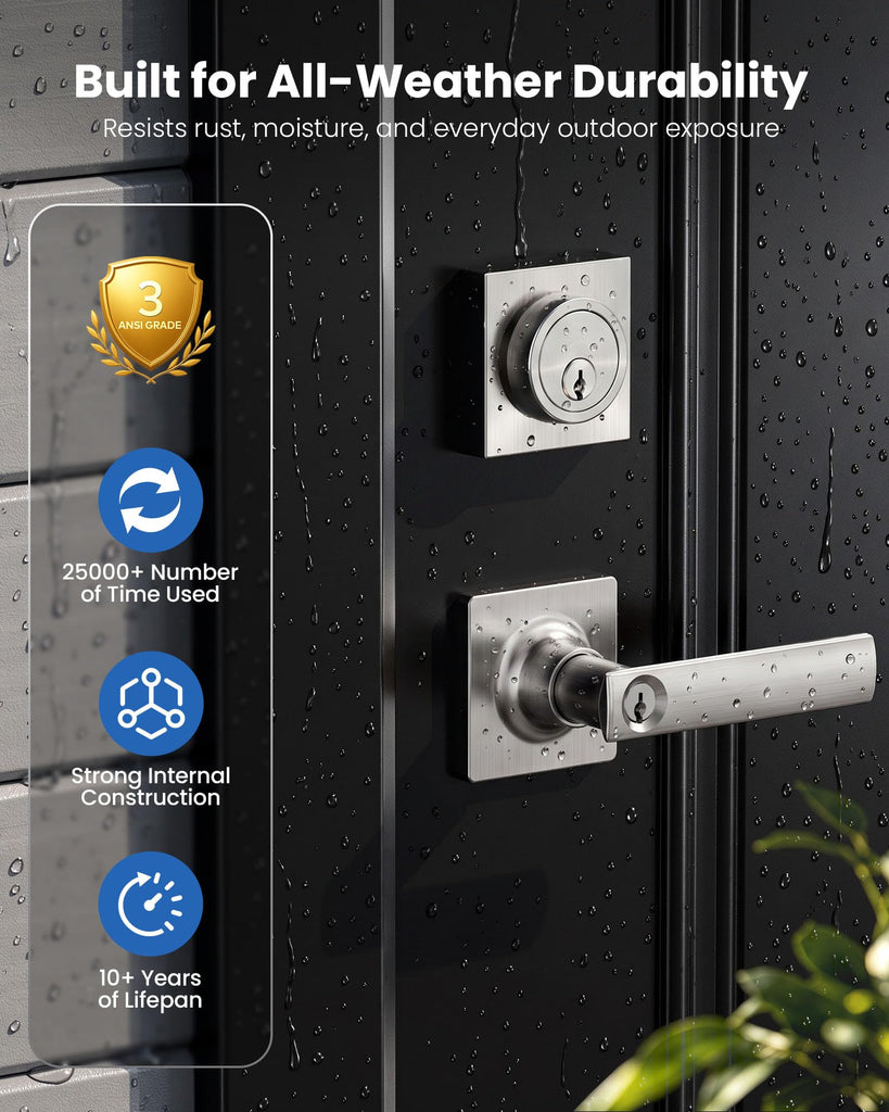 Modern Square Front Door Handle Set with Deadbolt, Satin Nickel