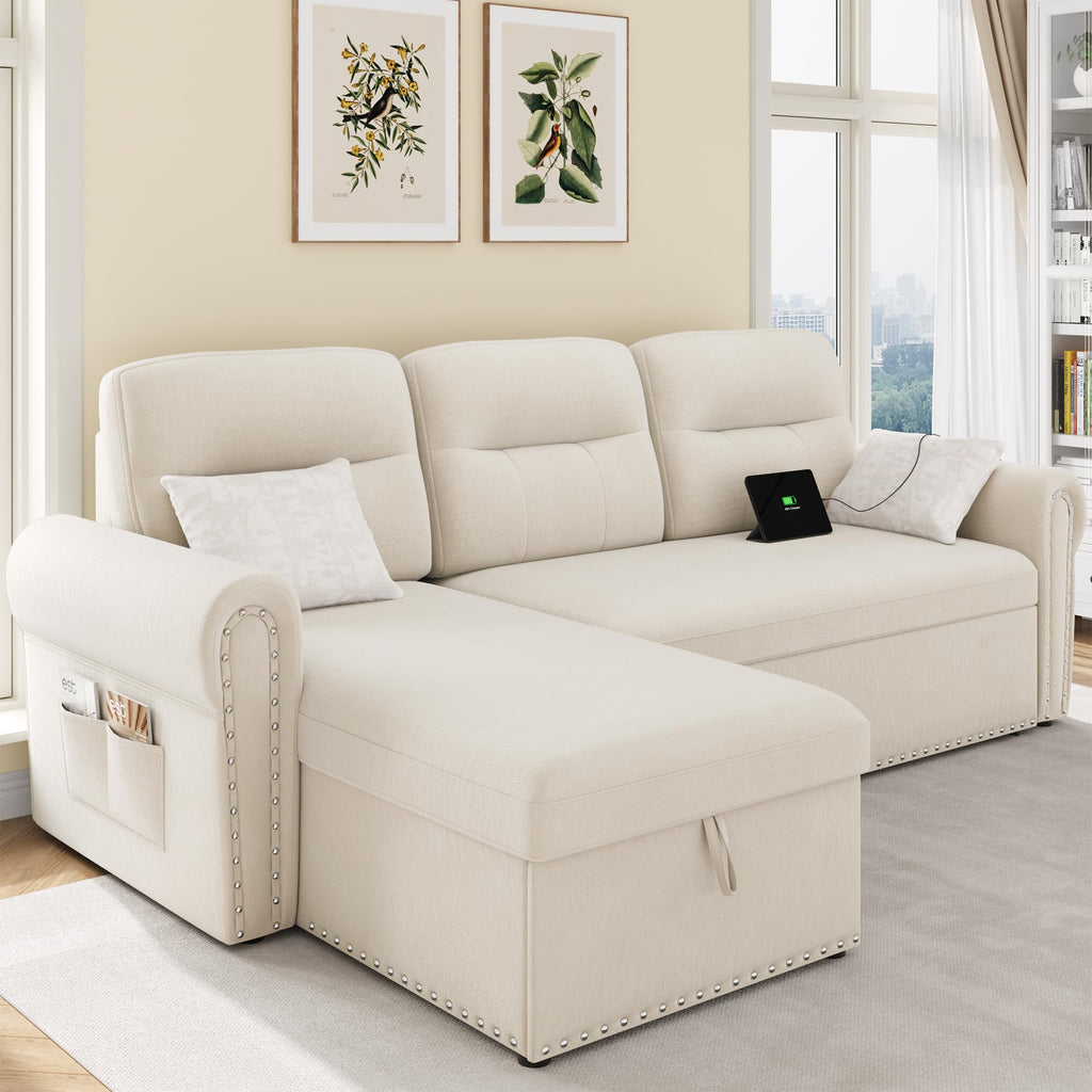 Sleeper Sofa Bed, 83'' Pull Out Couch Bed with Reversible Storage Chaise & Nailhead Armrest, Sectional Couches, Side