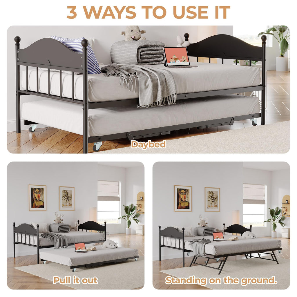 Daybed with Trundle, Twin Bed Frame with Sturdy Metal Foldable Trundle Bed, Trundle Bed Twin with Stylish Headboard