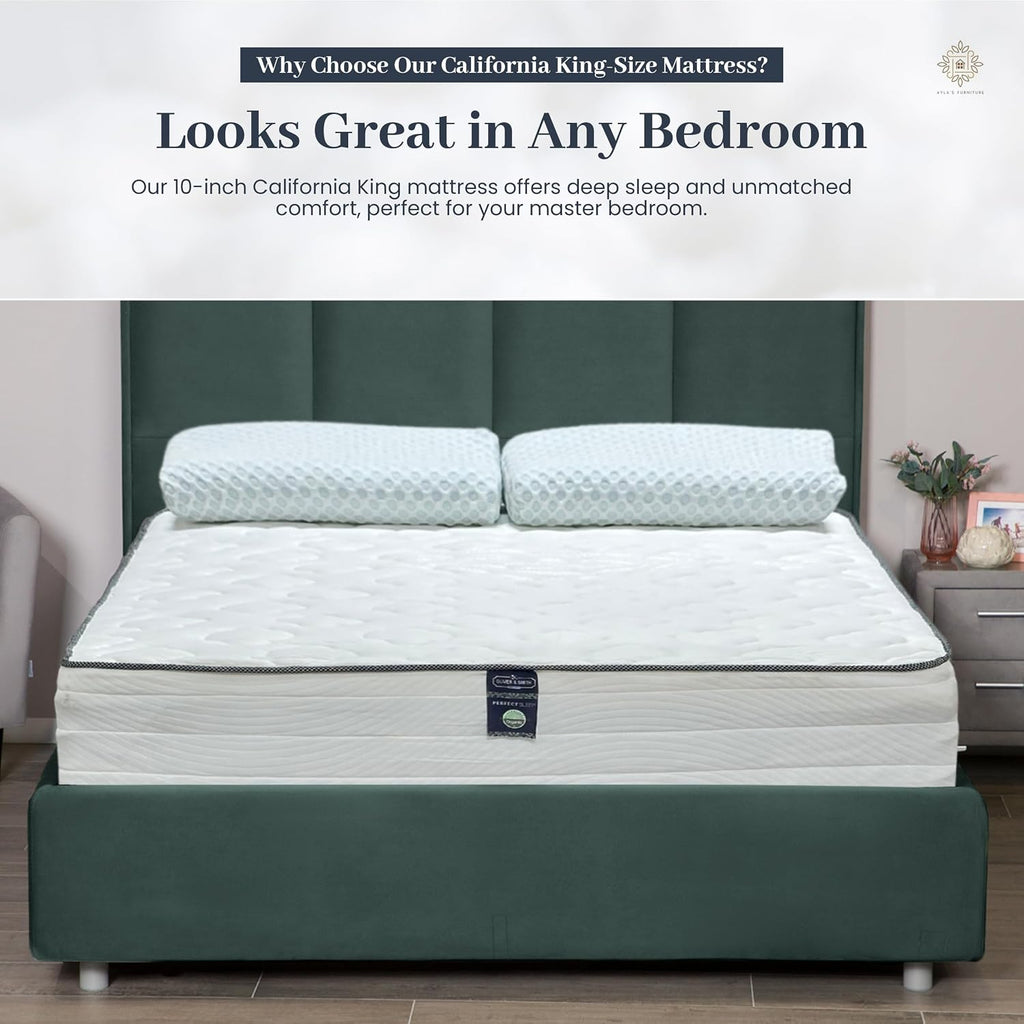 California King Mattress 10 Inches White - Pocketed Coil Euro Top Cool Memory Foam Hybrid Mattress Breathable Cover