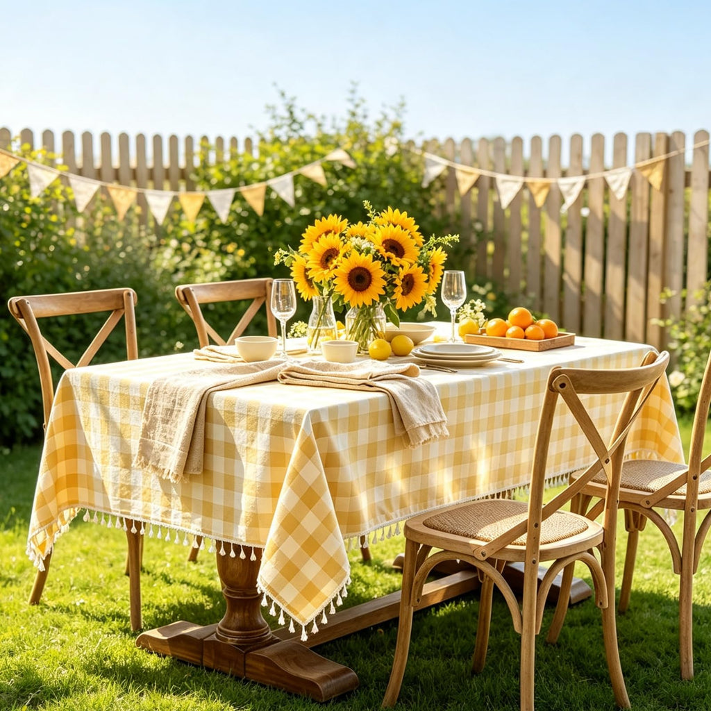 Yellow Gingham Tablecloth Rectangle, Picnic Cotton Linen Fabric Checkered Table Cloth Buffalo Plaid Table Cover with