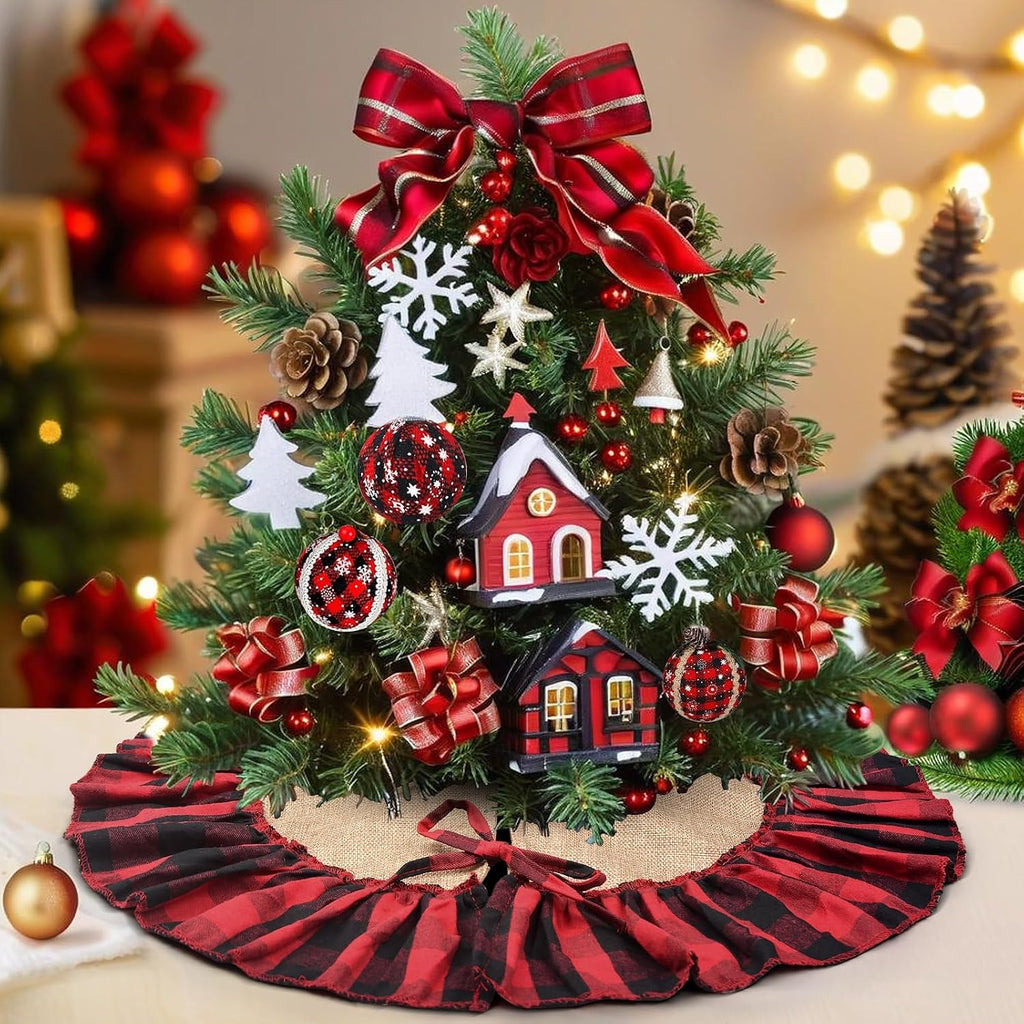 Mini Buffalo Plaid Burlap Tree Skirt with Red and Black Ruffle, 24 inch Small Red Black Gingham Chrismtas Tree Skirt