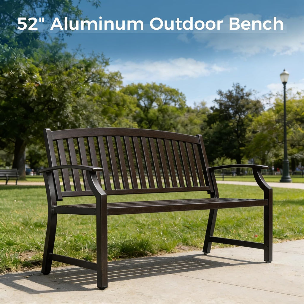 52" Farmhouse Outdoor Bench, Garden Benches with Anti-Rust Aluminum Powder Coated Frame, Faux Wood Grain Finish Frame