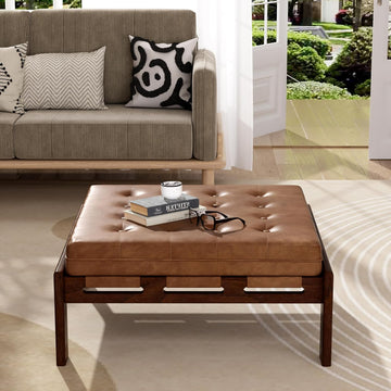 34'' Tufted Upholstered Cocktail Ottoman, Square Leather Ottoman Coffee Table, PU Leather Ottoman ,Brown