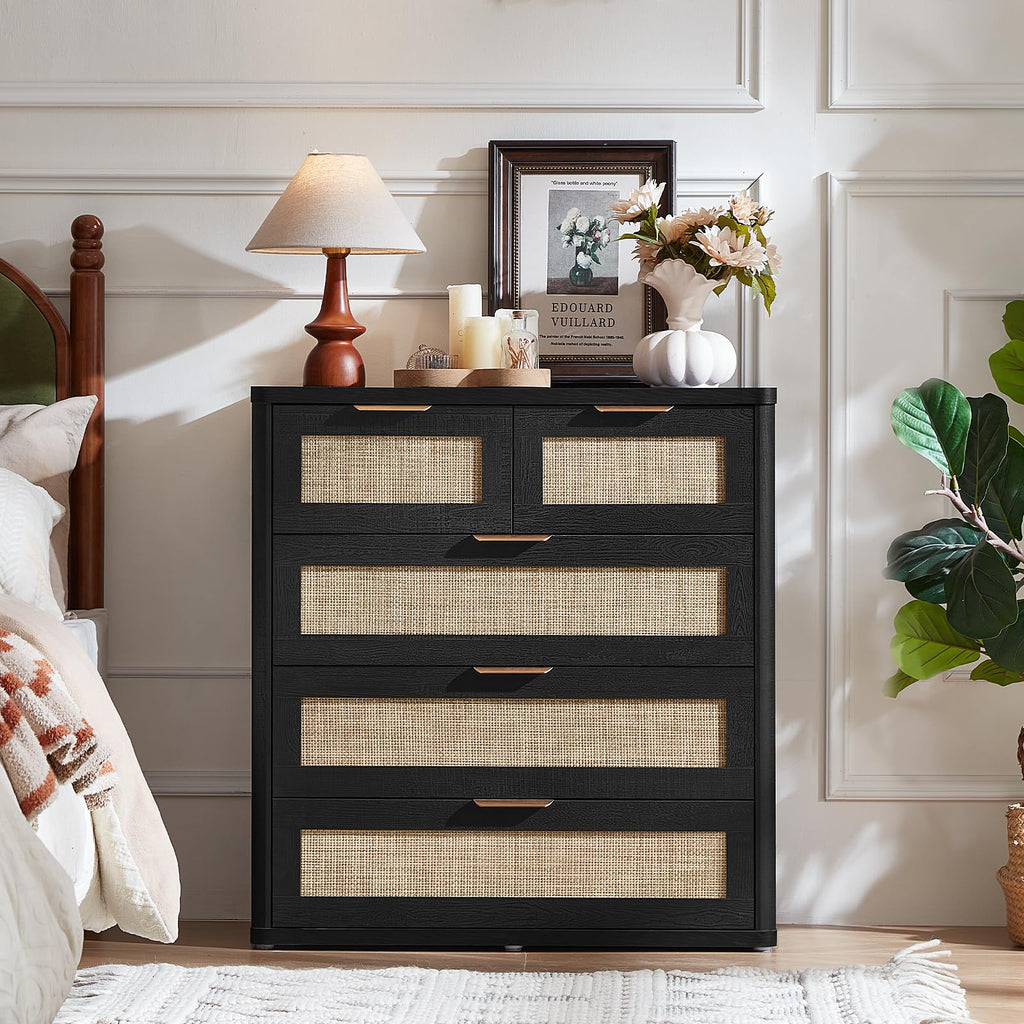 Rattan Dresser Set of 2, 33.5" Tall Chest of Drawers, Modern 5 Drawers Boho Dressers with Storage, Light Oak Dresser