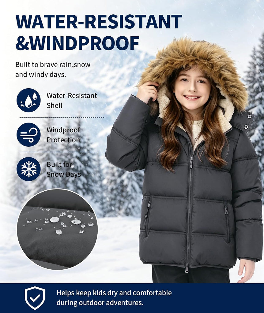 Boys Girls Winter Puffer Jacket Water Resistant Hooded Coat