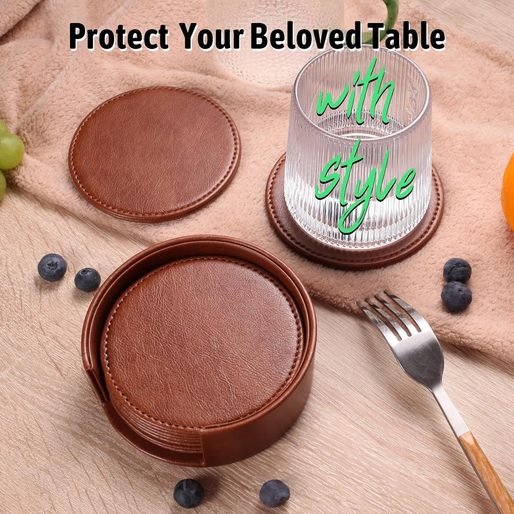 Drink Coasters with Holder, 4" Leather Coasters for Drinks for Tabletop Protection, Elegant Home Decor & - Set of 6