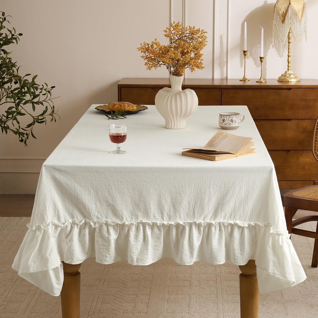 Ruffled Rectangle Tablecloth, White, 60 x 120 Inch