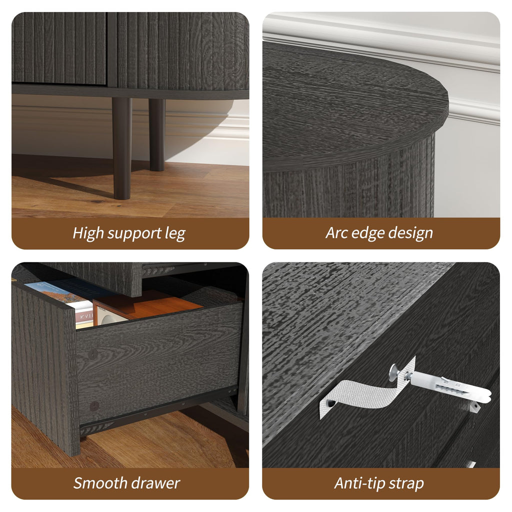Fluted 6 Drawer Dresser, 63" Wide Modern Chest of Drawers with Gold Metal Handles, Curved Edge Design, Wood Storage