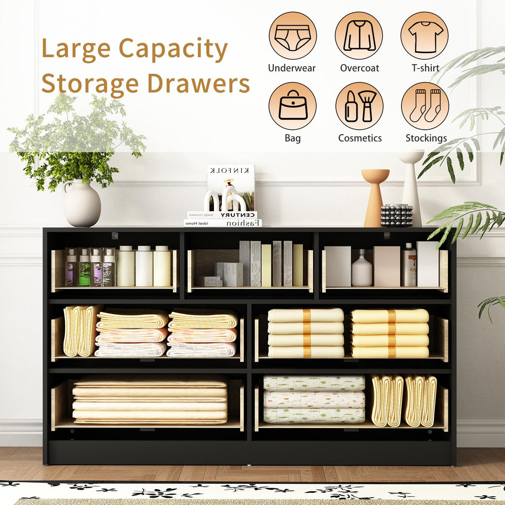 7 Drawer Fluted Dresser with Deep Drawers, Black丨55 Wide Mid Century Dresser, Modern Chest of Drawers, Wood TV Stand