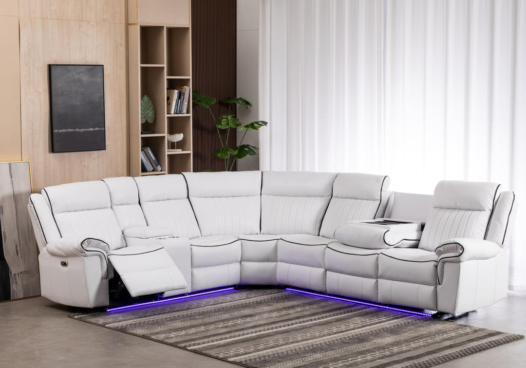 Power Reclining Sectional Sofa Faux Leather LED Strip Speaker White