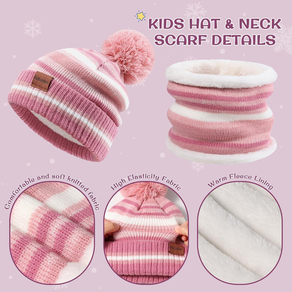 Kids Winter Hat Gloves Scarf Set: Girls Boys Beanie Fleece Lined