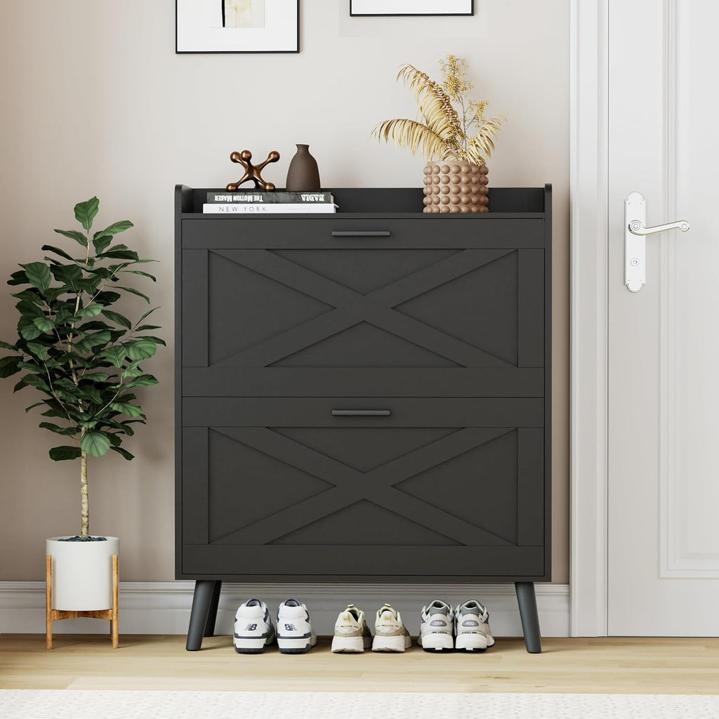 Farmhouse Shoe Storage Cabinet with Flip Drawers & Barn Door Design | Slim Narrow Shoe Rack Cabinet with Adjustable
