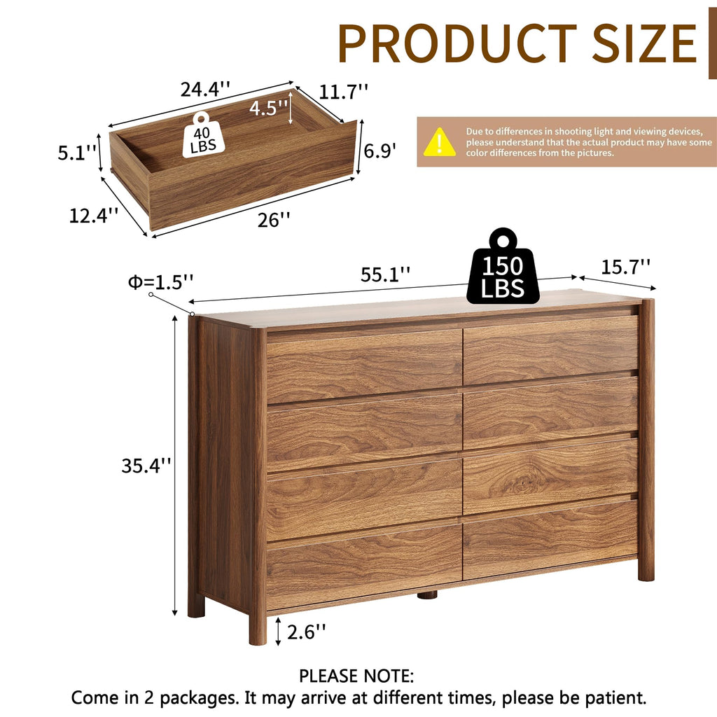 55" Wide Walnut 8 Drawer Dresser with Solid Wood Legs