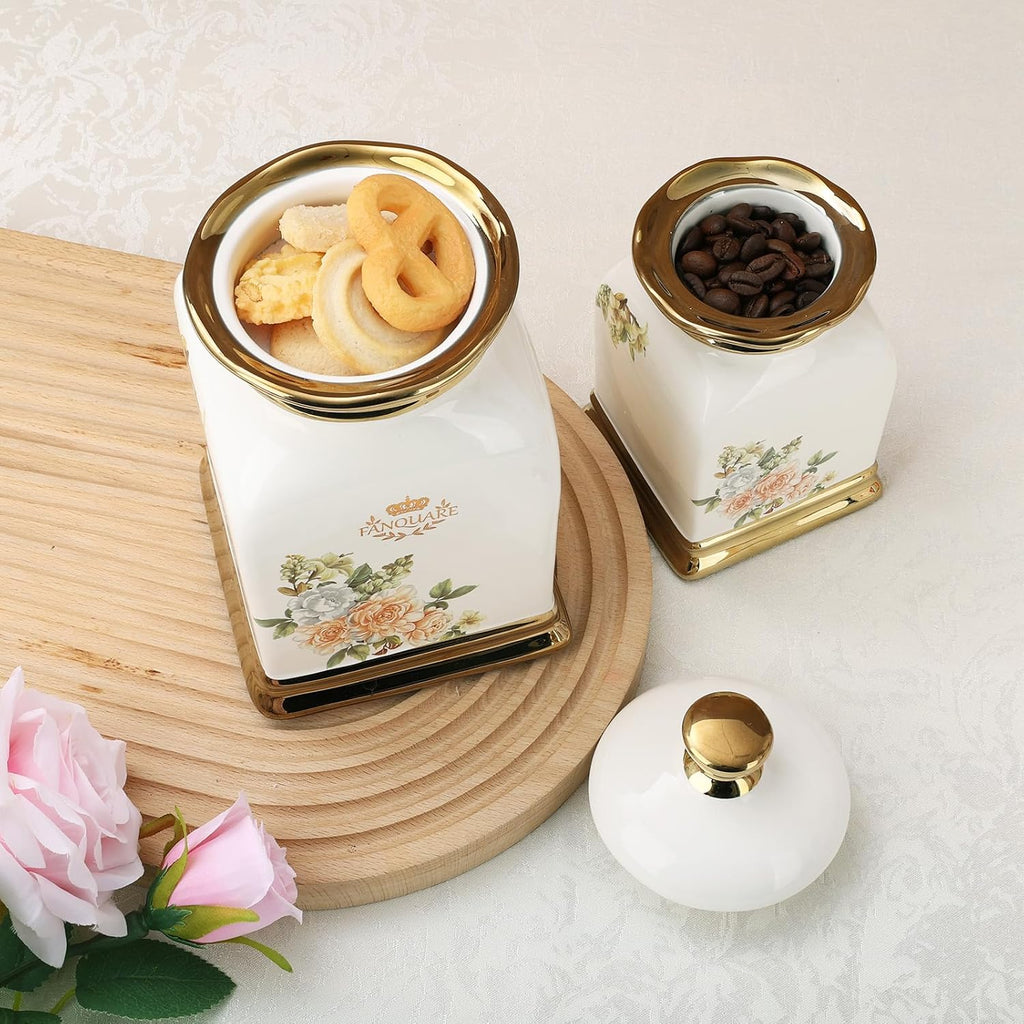 Floral Canisters with Gold Trim, Ceramic Decorative Countertop Jars, Farmhouse Porcelain Cookie Jar and Sugar Bowl - Set of 32