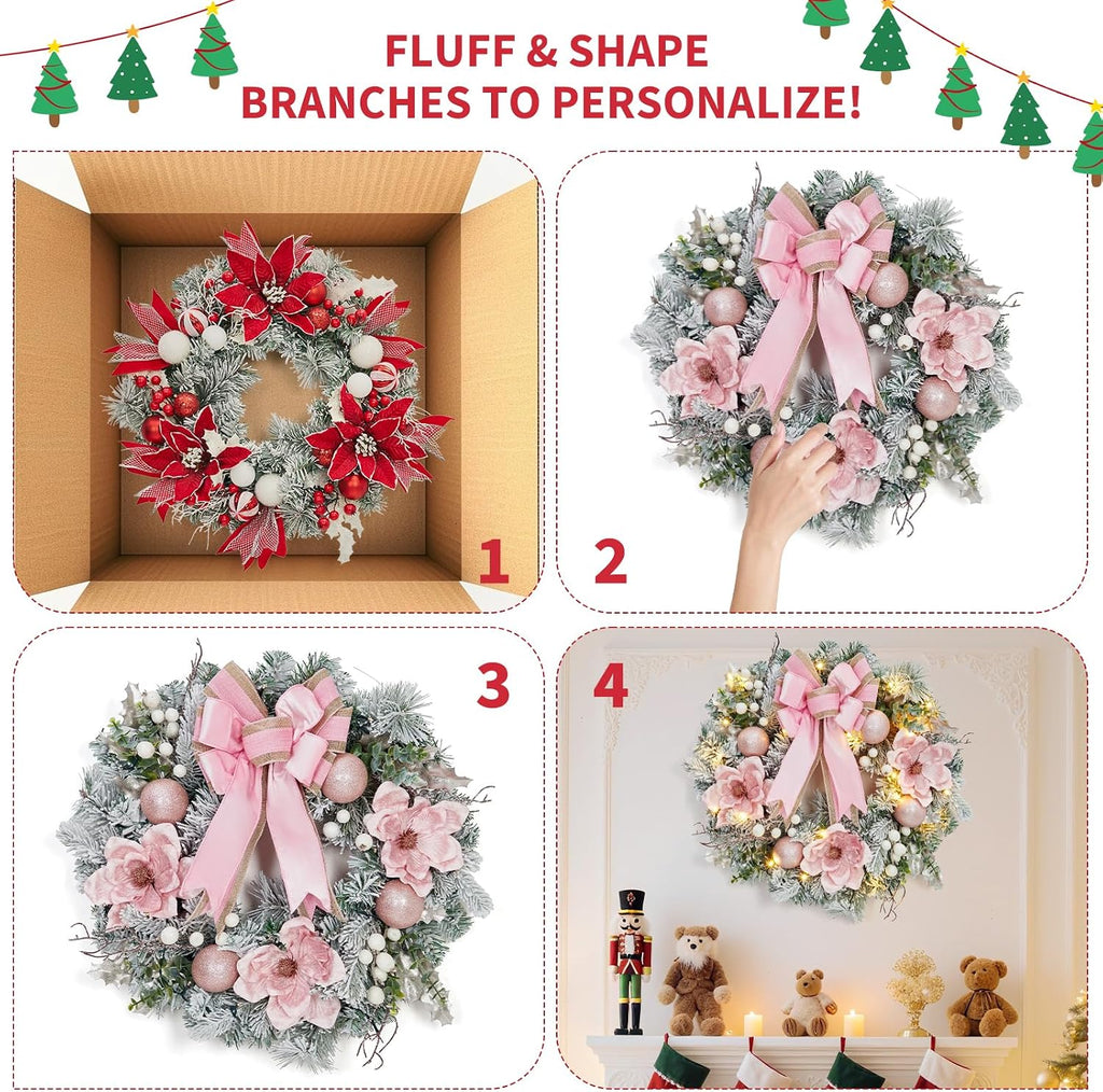 Pre-Lit Christmas Wreath for Front Door, 24 Inch Large Xmas Wreath for Holiday Decor, Battery Operated Xmas Lighted