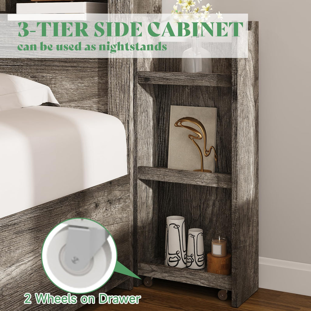 Bed Frame with Bookcase Headboard & Storage, Rustic Grey