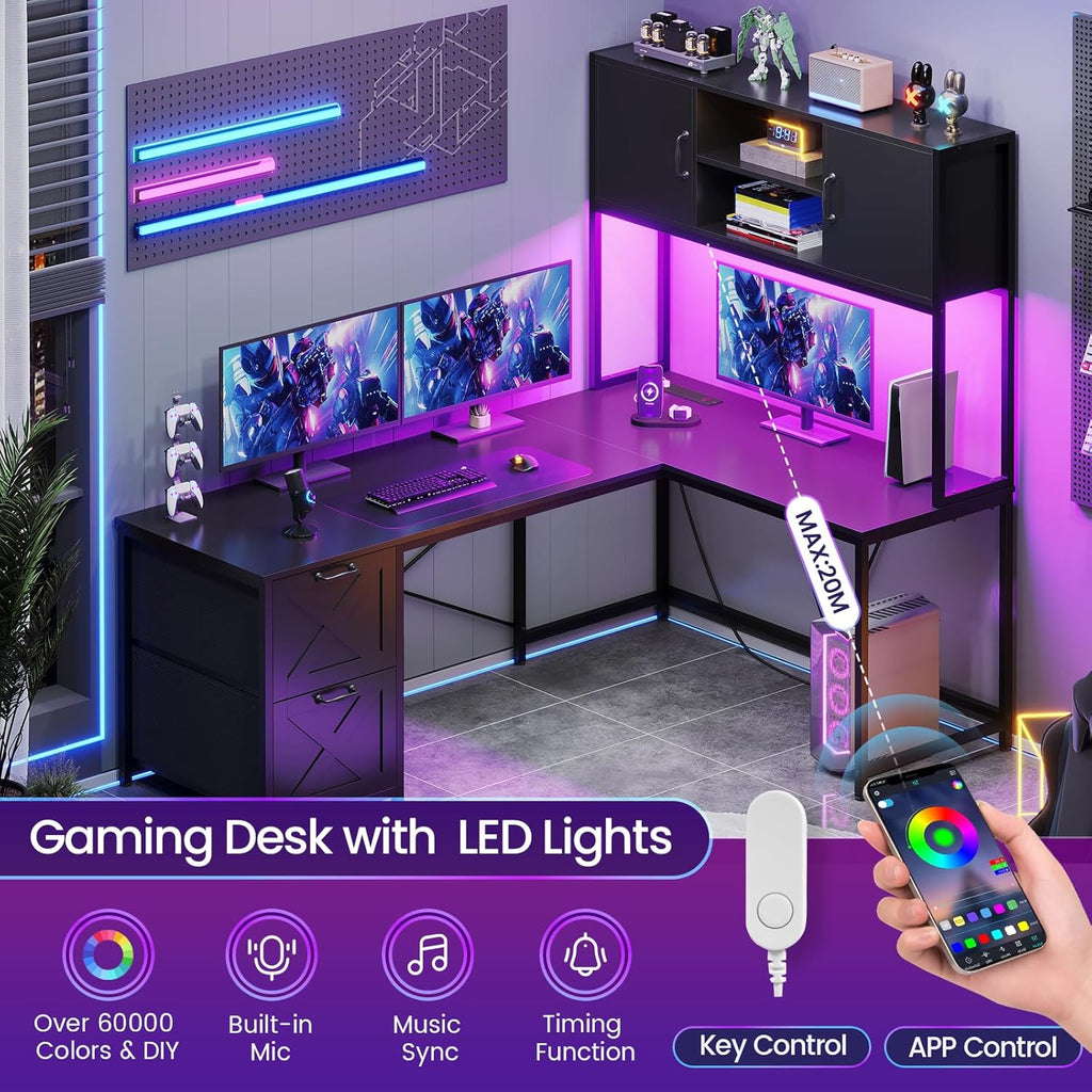 Reversible L Shaped Corner Gaming Desk with Drawers, Led Lights | Corner Computer Desk with Fabric Drawers, Power