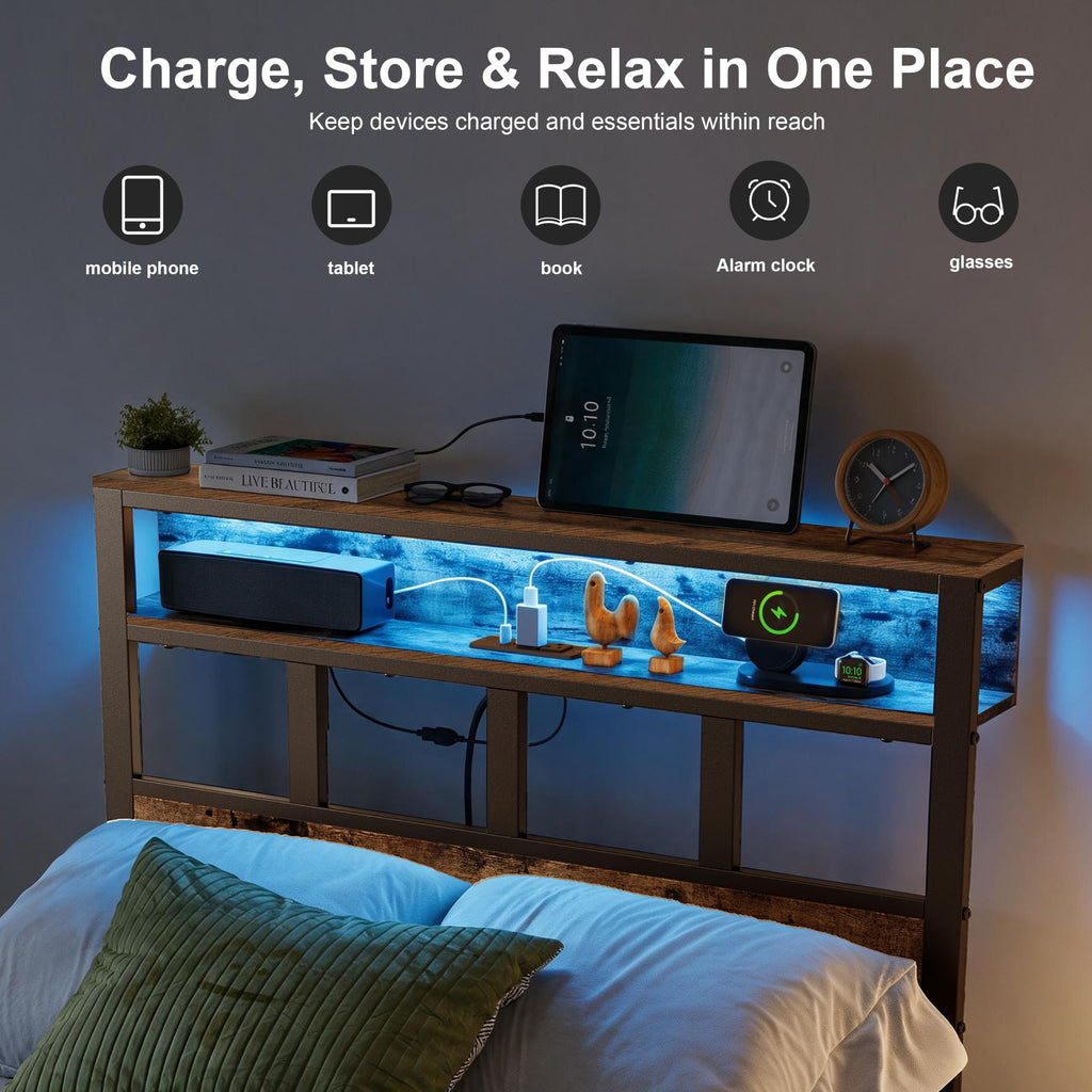 Bed Frame with Headboard and Storage Shelf, Metal Platform Bed Frame with Charging Station, LED Lights