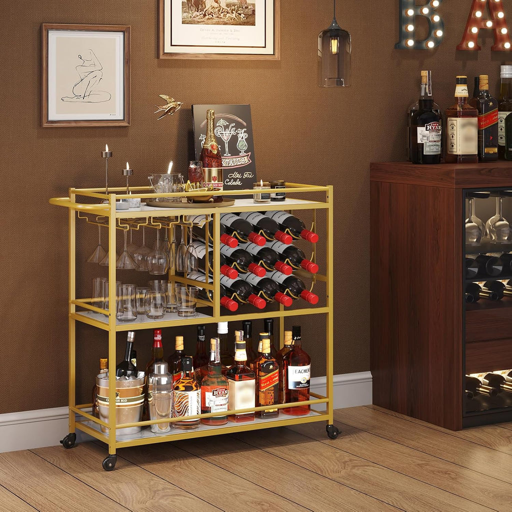 3 Tier Rolling Serving Bar Cart with Lockable Wheels, Gold | 12 wine rack and 3 rows glass holders, liquor serving