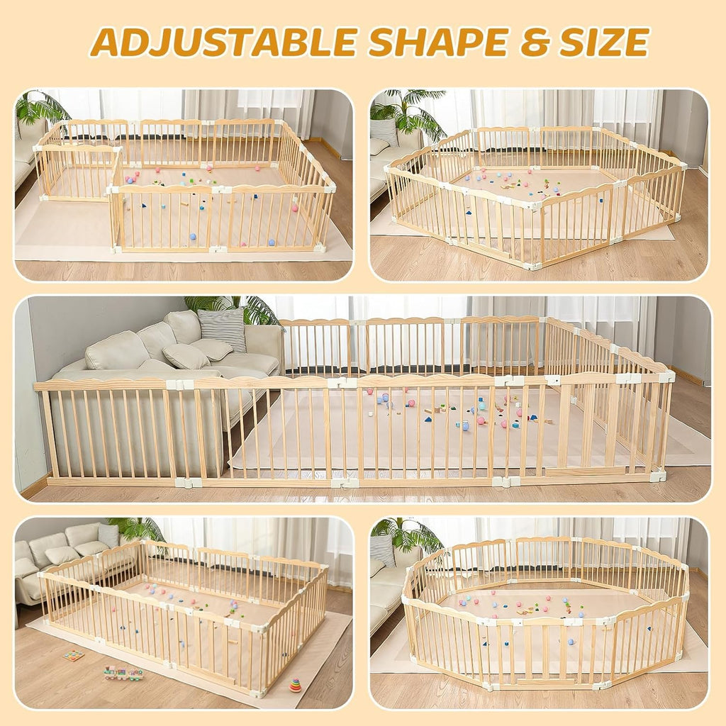 Wooden Baby Playpen 69x103 Inch Foldable Toddler Fence with Safety Lock | Extra Large Natural Wood Foldable Baby