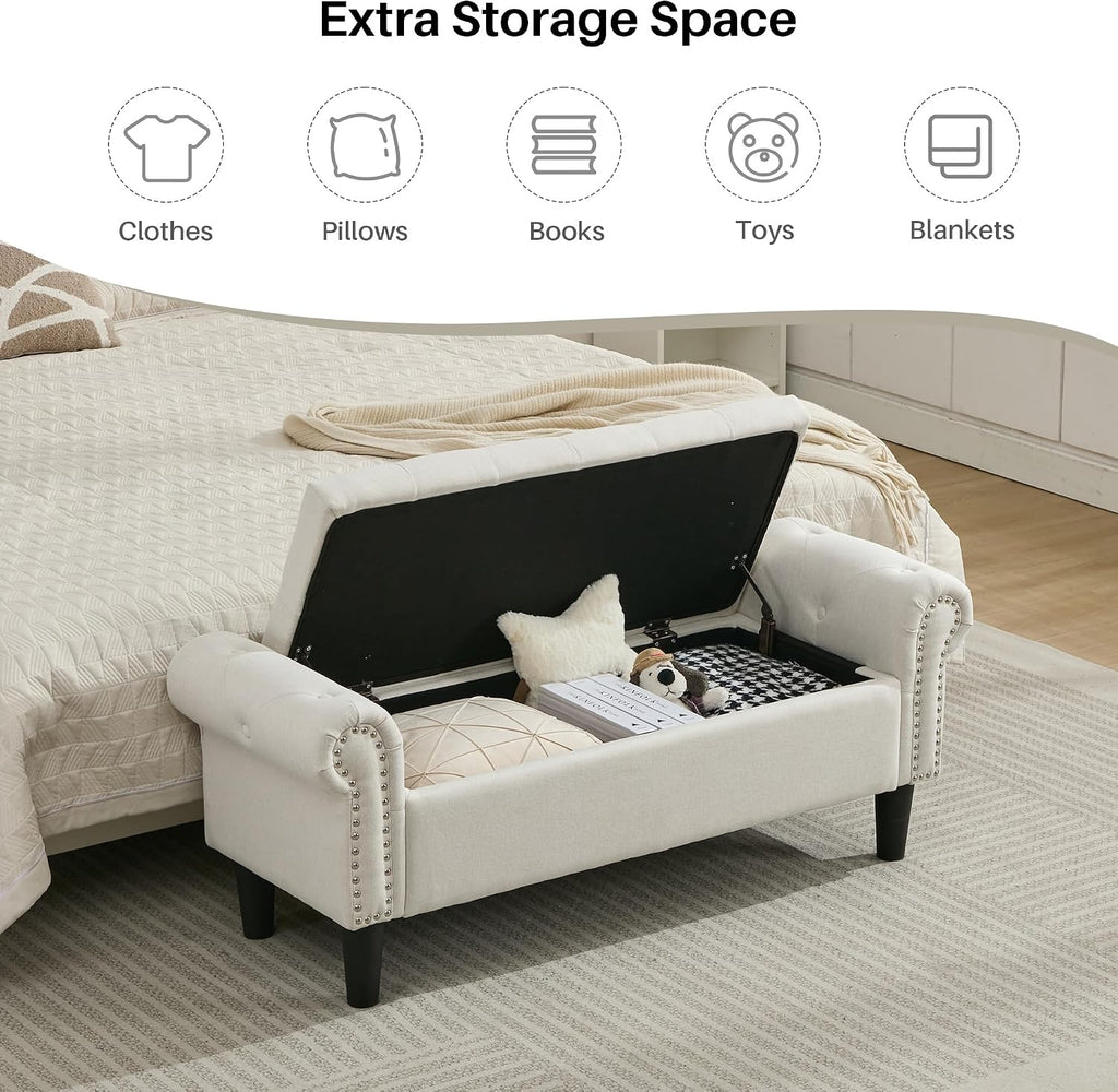 50" Storage Bench , Linen Upholstered, Beige | End of Bedroom Bed Bench Ottoman with Tufted Cushioned Rolled Arm