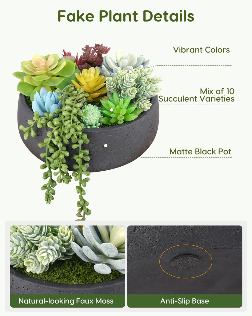Artificial Succulents Plants with Black Ceramic Pot with Faux Moss, 7.4" Lifelike Fake Succulent Arrangement with