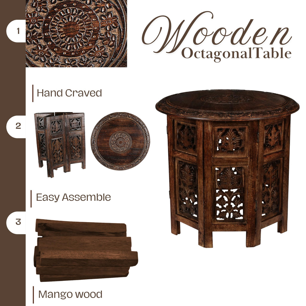 SideTable in Solid Wood With Hand Carving, End Table, Octangle Table 18x18