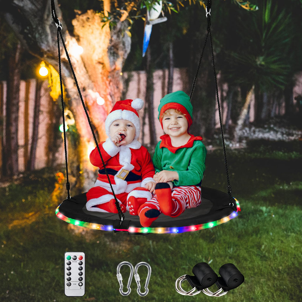 40 Inch Tree Swing with LED Light for Kids, 900lbs Flying Saucer Swing, with Adjustable Hanging Straps, for Indoor