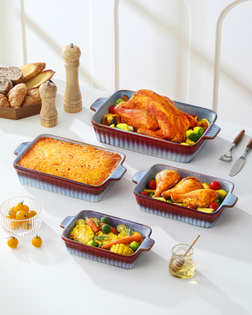 Ceramic Casserole Dishes for Oven, Reactive Glaze Baking Dishes Set of 4, Deep Rectangular Lasagna Pans with Handles