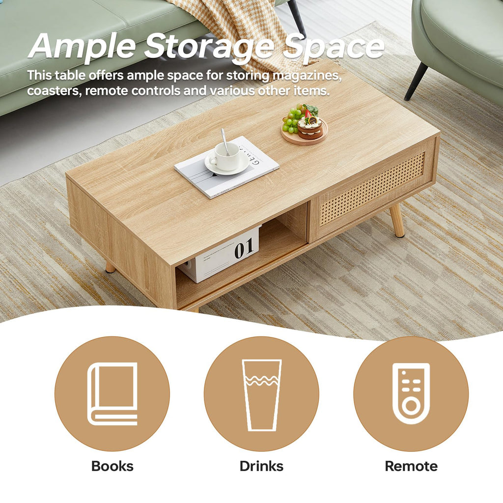 41.3 Inch Wooden Coffee Table with Storage, Modern Rectangle Accent Center Sofa Table with Sliding PE Rattan Woven