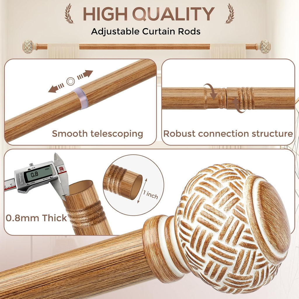 Boho Curtain Rods for Windows 48 to 84 Inches, Decorative 1'' Diameter Heavy Duty Adjustable Rustic Farmhouse Drapery