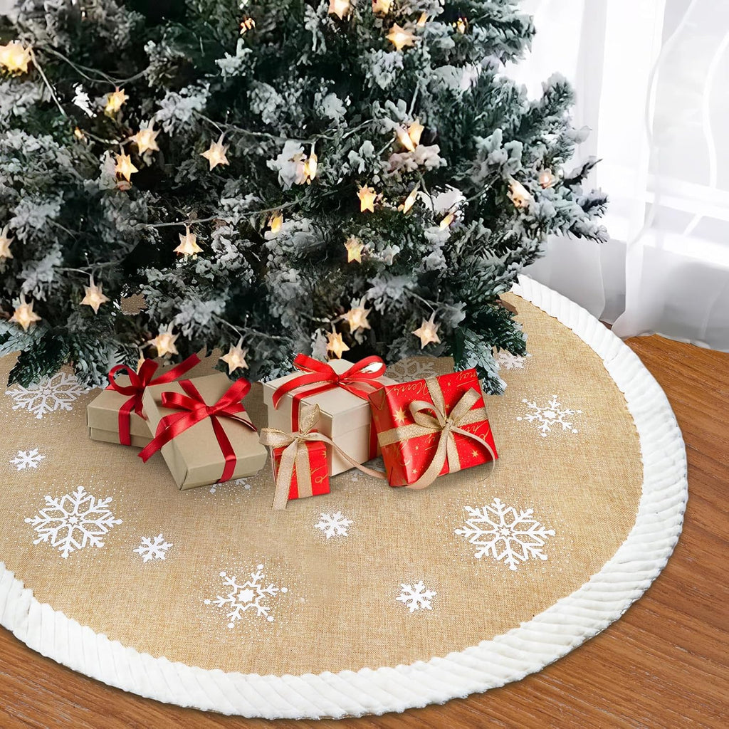 48inch Christmas Tree Skirt with White Snowflake, Burlap Tree Skirt with Fur Sides Farmhouse Christmas Tree Skirts