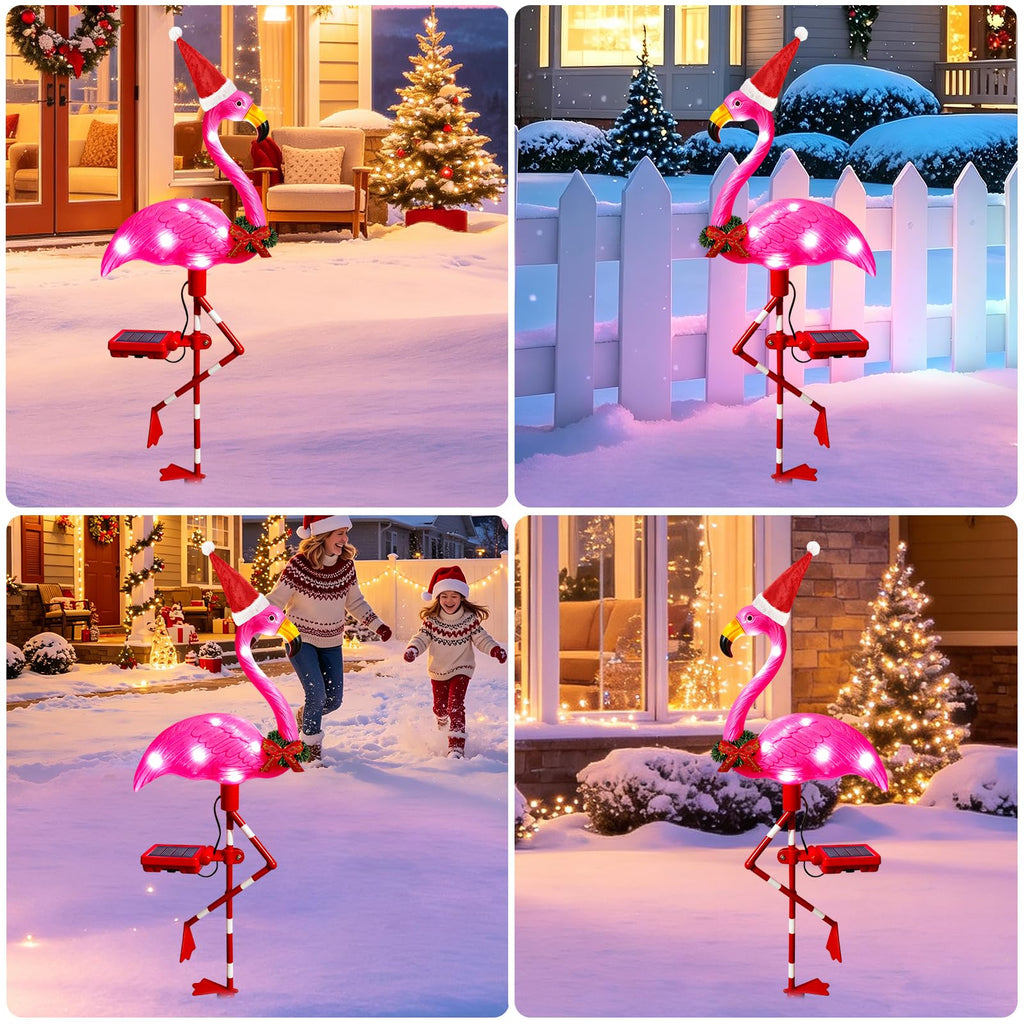 Solar Outdoor Lights Christmas Decor, Solar Xmas Flamingo Lights Waterproof Garden Decor, Flamingo Stake Lights for