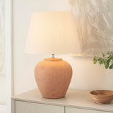 Home 20" Rustic Terracotta Ceramic Table Lamp with Fabric Shade, Bedside Nightstand Lamp