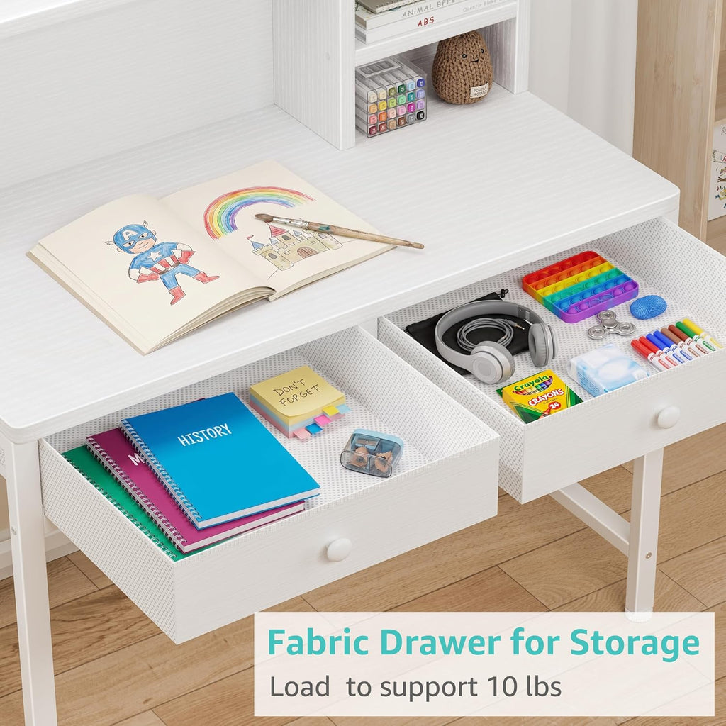 White Kids Desk with Hutch for Kids Desk and Chair Set 10-12 Year Old, Children Study Desk with Fabric Drawer Storage