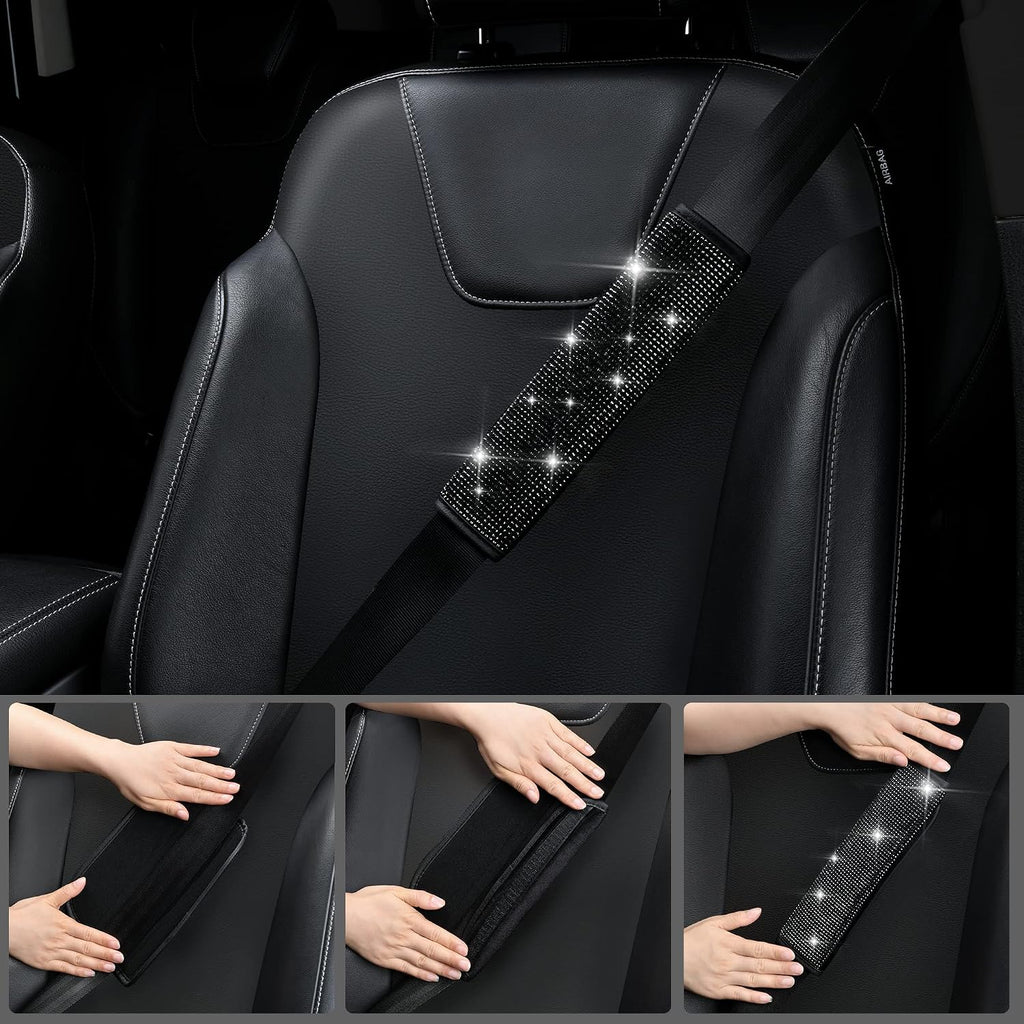 Bling Diamond Car Accessories for Women, Sparkly Rhinestone Steering Wheel Cover, Bling Seat Belt Cushion - Set of 11
