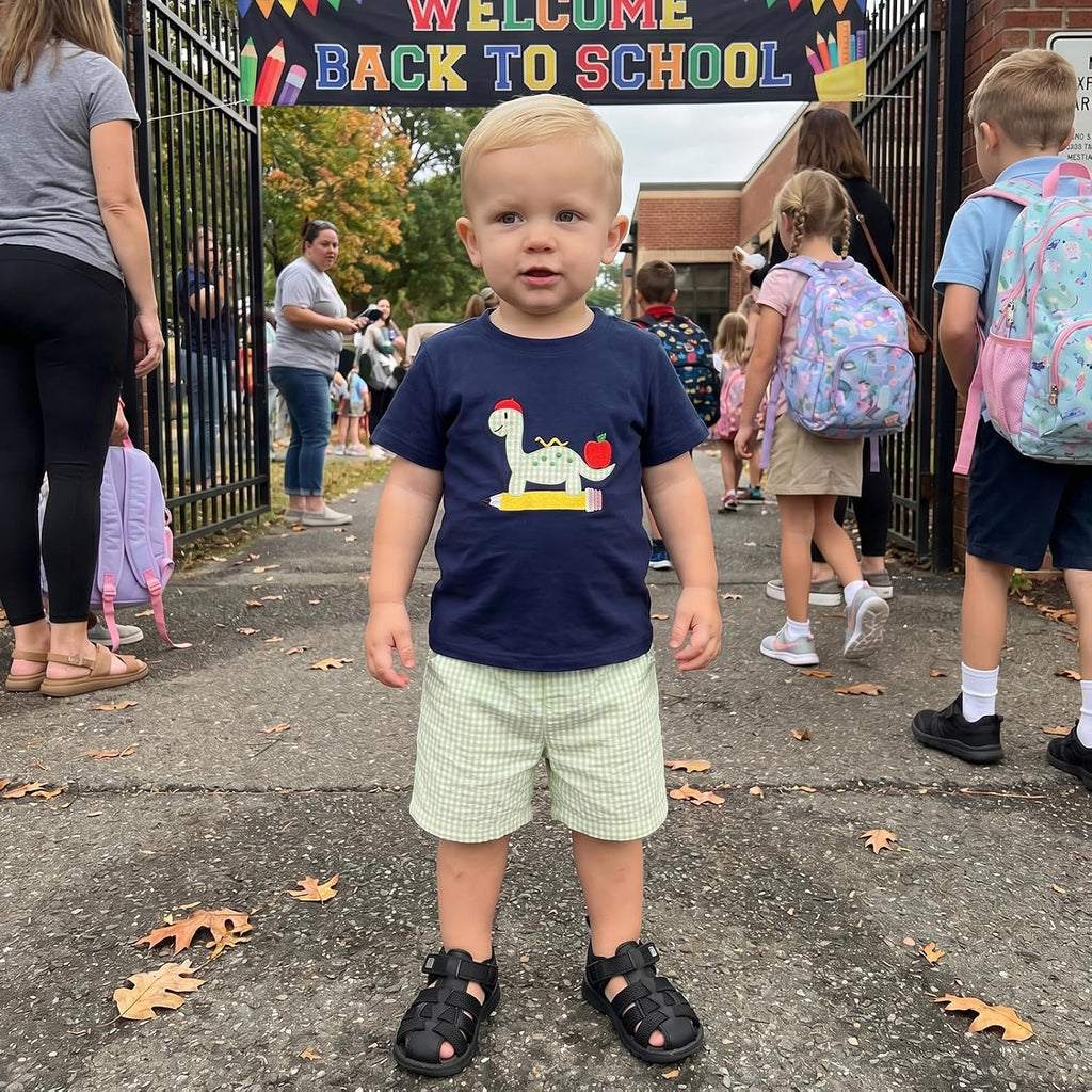 Kids Toddler Boy Back to School Outfit Short Sleeve Embroidery T Shirt Plaid Shorts Set First Day of School Clothes