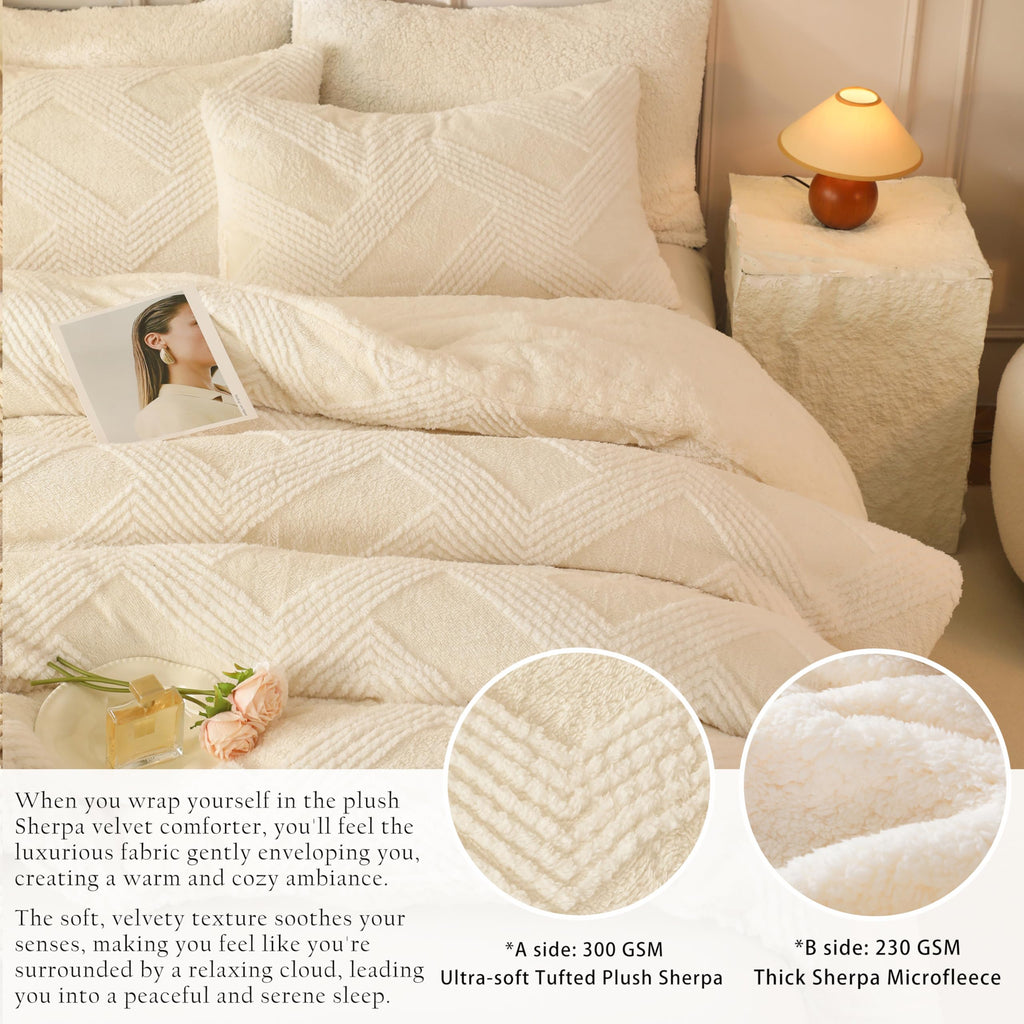 Tufted Boho Comforter Set - White Fluffy Sherpa Bedding Set, Soft Fuzzy Jacquard Quilt Set, 3 Pieces Cozy Bed